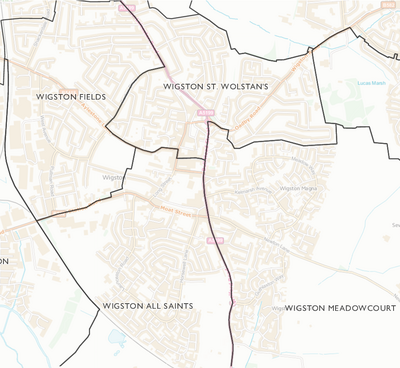 Proposed area of Wigston Town Council, being the current Oadby and Wigston Borough Council wards of Wigston All Saints, Wigston Fields, Wigston St. Wolstans and Wigston Meadowcourt